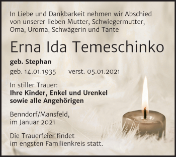 Traueranzeige von Erna Ida Temeschinko von Mitteldeutsche Zeitung Mansfelder Land