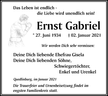 Traueranzeige von Ernst Gabriel von Mitteldeutsche Zeitung Quedlinburg