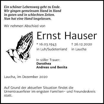 Traueranzeige von Ernst Hauser von Super Sonntag Naumburg/Nebra