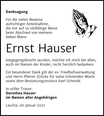 Traueranzeige von Ernst Hauser von Super Sonntag Naumburg/Nebra