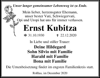 Traueranzeige von Ernst Kubitza von Mitteldeutsche Zeitung Dessau-Roßlau