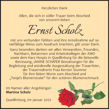 Traueranzeige von Ernst Scholz von Mitteldeutsche Zeitung Quedlinburg