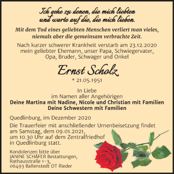 Traueranzeige von Ernst Scholz von Super Sonntag Quedlinburg