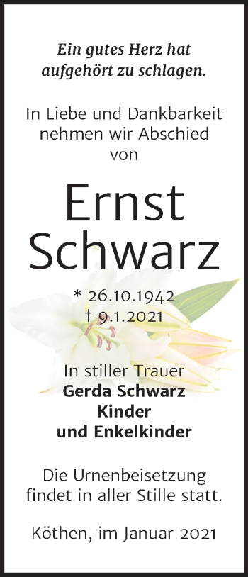 Traueranzeige von Ernst Schwarz von Mitteldeutsche Zeitung Köthen