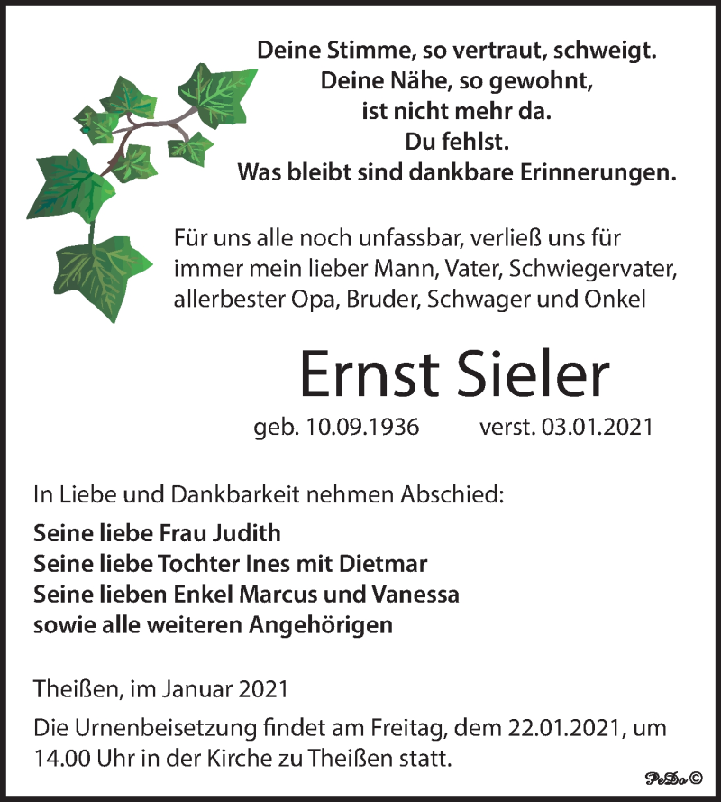  Traueranzeige für Ernst Sieler vom 16.01.2021 aus Mitteldeutsche Zeitung Zeitz