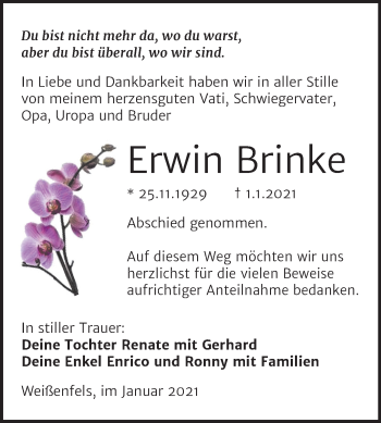 Traueranzeige von Erwin Brinke von Super Sonntag Weißenfels