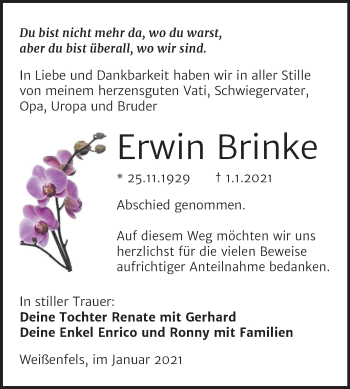 Traueranzeige von Erwin Brinke von Mitteldeutsche Zeitung Weißenfels