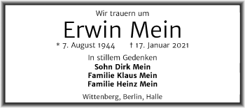 Traueranzeige von Erwin Mein von Mitteldeutsche Zeitung Wittenberg
