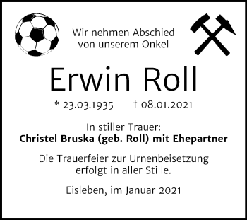 Traueranzeige von Erwin Roll von Mitteldeutsche Zeitung Mansfelder Land