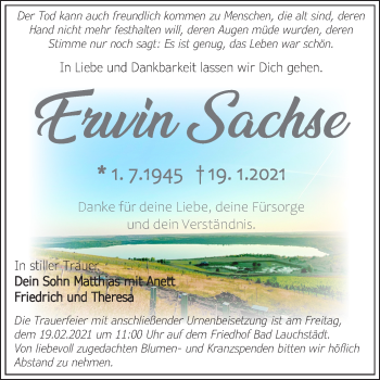 Traueranzeige von Erwin Sachse von Super Sonntag Merseburg/Querfurt