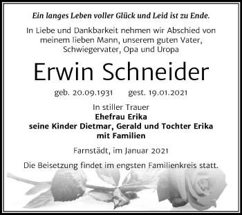 Traueranzeige von Erwin Schneider von Mitteldeutsche Zeitung Merseburg/Querfurt