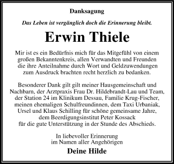 Traueranzeige von Erwin Thiele von Super Sonntag Dessau-Roßlau