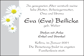Traueranzeige von Eva Beilicke von Mitteldeutsche Zeitung Sangerhausen