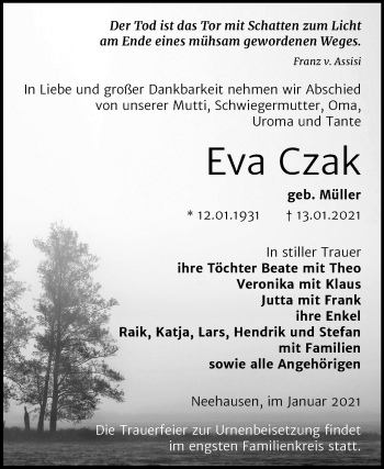 Traueranzeige von Eva Czak von Mitteldeutsche Zeitung Mansfelder Land