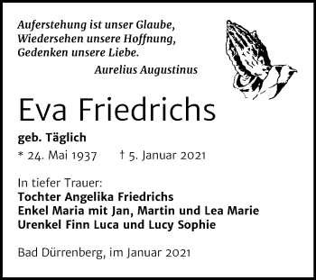 Traueranzeige von Eva Friedrichs von Mitteldeutsche Zeitung Merseburg/Querfurt