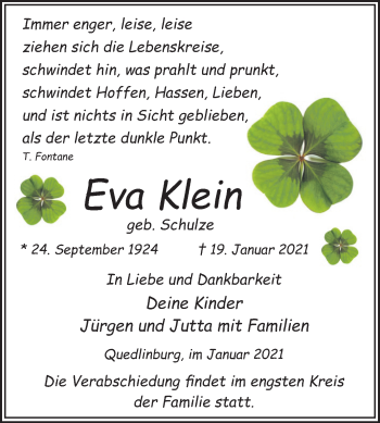 Traueranzeige von Eva Klein von Mitteldeutsche Zeitung Quedlinburg