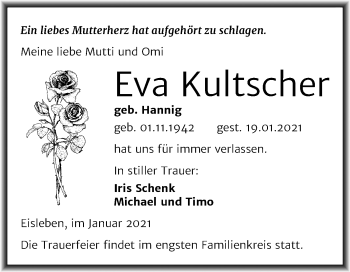 Traueranzeige von Eva Kultscher von Mitteldeutsche Zeitung Mansfelder Land