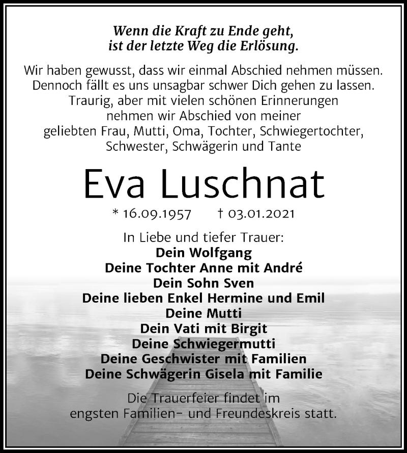  Traueranzeige für Eva Luschnat vom 16.01.2021 aus Mitteldeutsche Zeitung Halle/Saalkreis