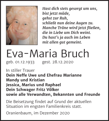 Traueranzeige von Eva-Maria Bruch von Mitteldeutsche Zeitung Wittenberg