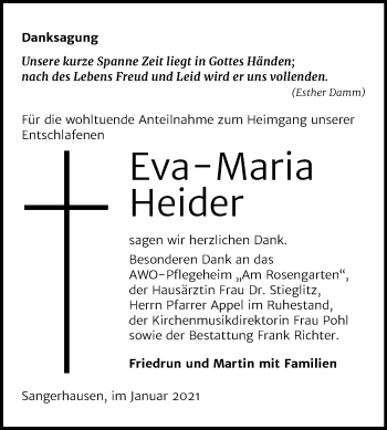 Traueranzeige von Eva-Maria Heider von Mitteldeutsche Zeitung Sangerhausen