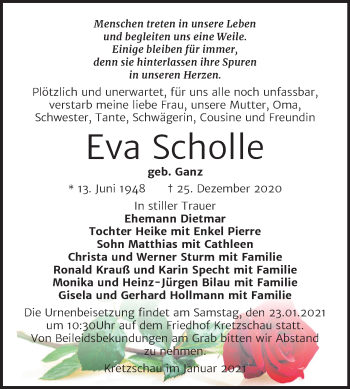 Traueranzeige von Eva Scholle von Mitteldeutsche Zeitung Zeitz