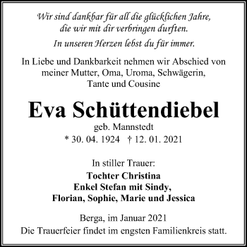 Traueranzeige von Eva Schüttendiebel von Mitteldeutsche Zeitung Sangerhausen