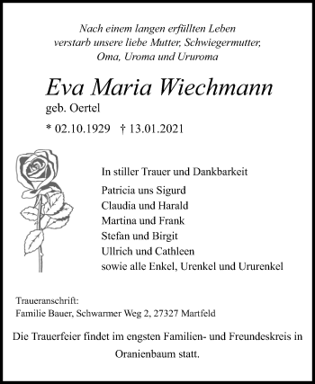 Traueranzeige von Eva Maria Wiechmann von Mitteldeutsche Zeitung Wittenberg