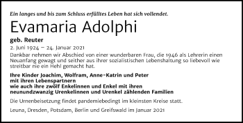 Traueranzeige von Evamaria Adolphi von Mitteldeutsche Zeitung Merseburg/Querfurt
