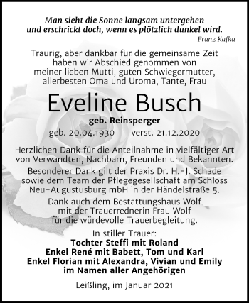 Traueranzeige von Eveline Busch von Mitteldeutsche Zeitung Weißenfels