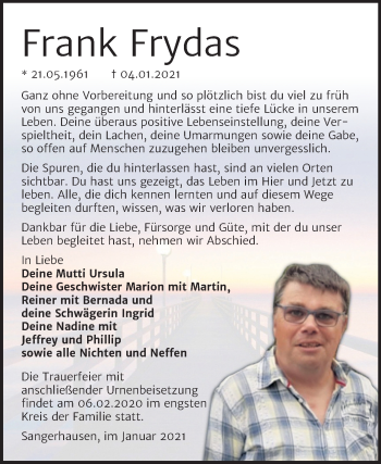 Traueranzeige von Frank Frydas von Super Sonntag Sangerhausen