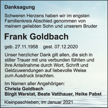Traueranzeige von Frank Goldbach von Super Sonntag Köthen