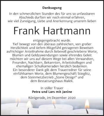 Traueranzeige von Frank Hartmann von Mitteldeutsche Zeitung Quedlinburg
