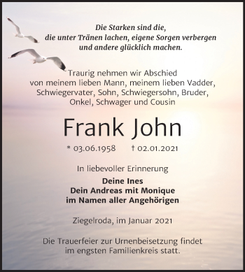 Traueranzeige von Frank John von Super Sonntag Merseburg/Querfurt