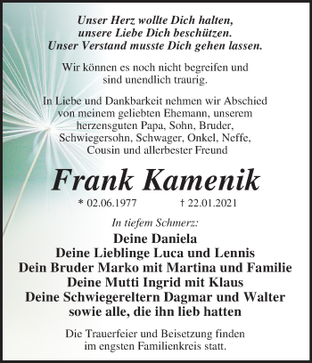 Traueranzeige von Frank Kamenik von Super Sonntag Dessau-Roßlau