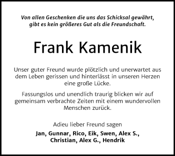 Traueranzeige von Frank Kamenik von Mitteldeutsche Zeitung Dessau-Roßlau