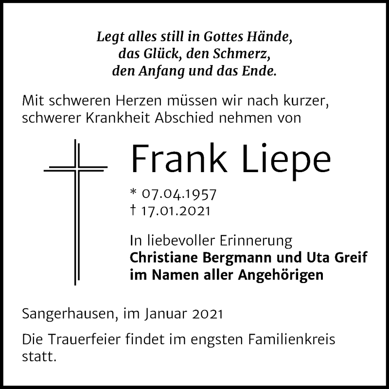  Traueranzeige für Frank Liepe vom 23.01.2021 aus Mitteldeutsche Zeitung Sangerhausen