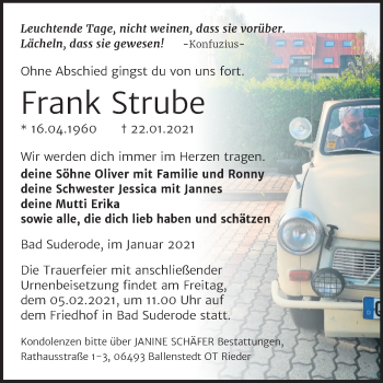 Traueranzeige von Frank Strube von Mitteldeutsche Zeitung Quedlinburg