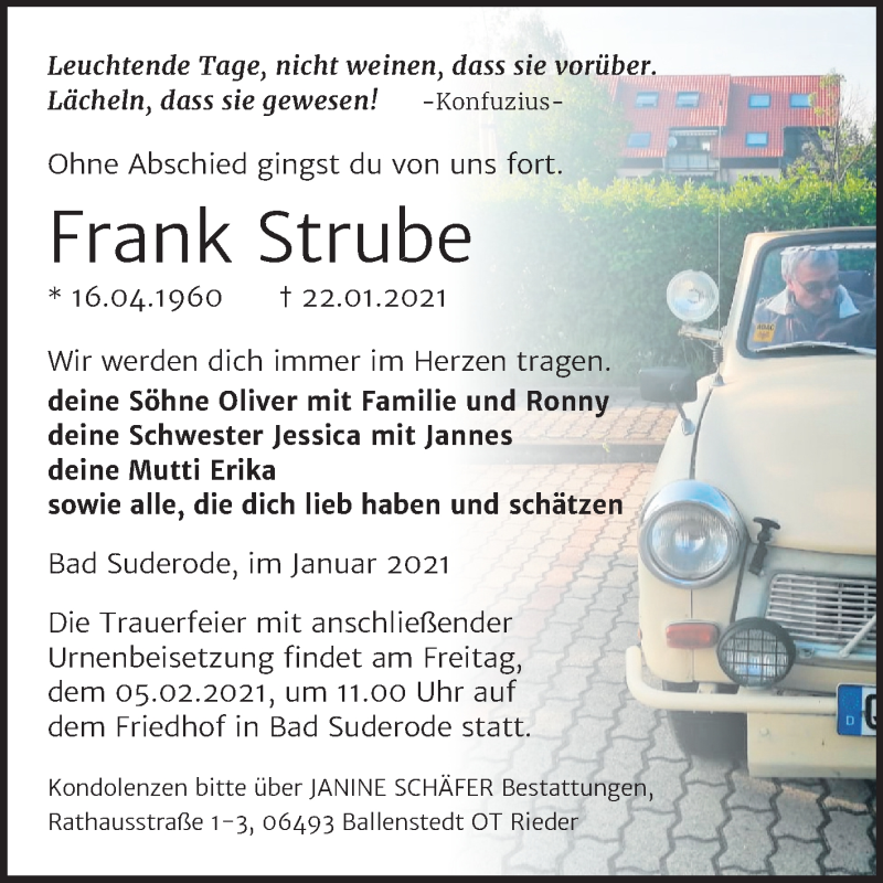  Traueranzeige für Frank Strube vom 30.01.2021 aus Mitteldeutsche Zeitung Quedlinburg