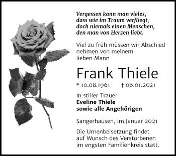 Traueranzeige von Frank Thiele von Super Sonntag Sangerhausen