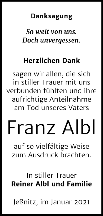 Traueranzeige von Franz Albl von Mitteldeutsche Zeitung Bitterfeld