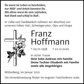 Traueranzeige von Franz Hoffmann von Mitteldeutsche Zeitung Wittenberg