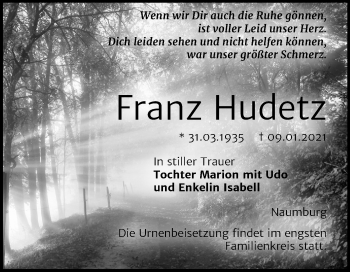 Traueranzeige von Franz Hudetz von Super Sonntag Naumburg/Nebra