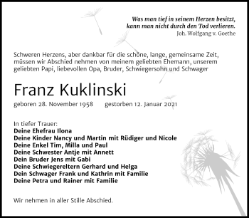 Traueranzeige von Franz Kuklinski von Super Sonntag Weißenfels