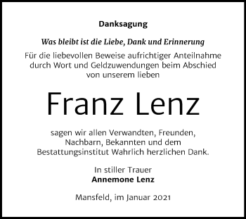 Traueranzeige von Franz Lenz von Mitteldeutsche Zeitung Mansfelder Land