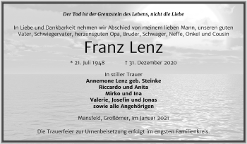 Traueranzeige von Franz Lenz von Mitteldeutsche Zeitung Mansfelder Land