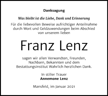 Traueranzeige von Franz Lenz von Super Sonntag Mansfelder Land