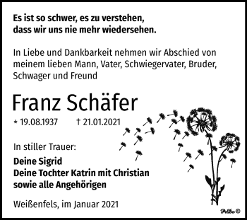 Traueranzeige von Franz Schäfer von Mitteldeutsche Zeitung Weißenfels