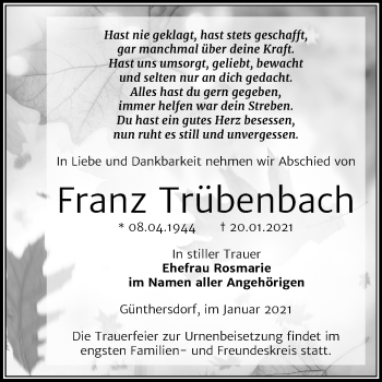 Traueranzeige von Franz Trübenbach von Super Sonntag Merseburg/Querfurt