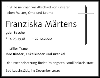 Traueranzeige von Franziska Märtens von Mitteldeutsche Zeitung Merseburg/Querfurt