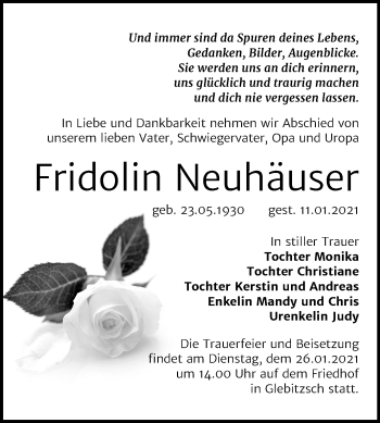 Traueranzeige von Fridolin Neuhäuser von Mitteldeutsche Zeitung Bitterfeld
